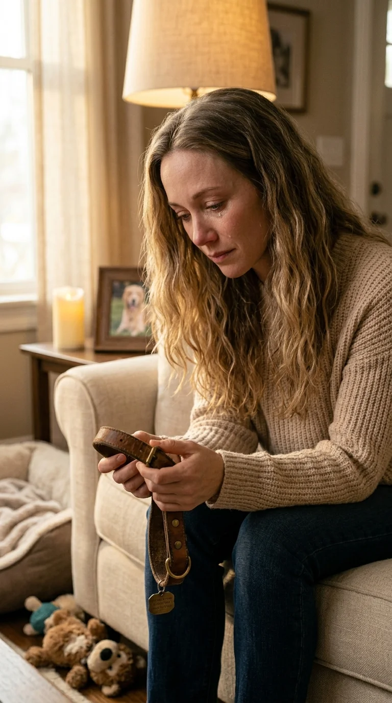 Woman holding her dog's collar beside a candle and empty dog bed after losing her golden retriever